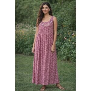 Vintage April Cornell Sleeveless Floral Maxi Dress Cottagecore XL Pink Rayon